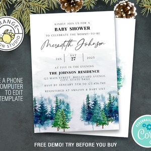 Editable Woodland Baby Shower invitation, Pine Forest Let the Adventure Begin Printable Template, Gender Neutral Baby Shower invites, Evite