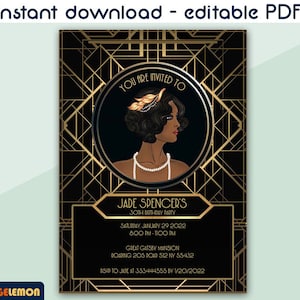 Instant Download Art Deco Great Gatsby Birthday Party Invitation, DIY editable PDF Roaring Twenties Party, 1920s Theme Birthday Invitation