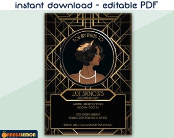 Instant Download Art Deco Great Gatsby Birthday Party Invitation, DIY editable PDF Roaring Twenties Party, 1920s Theme Birthday Invitation