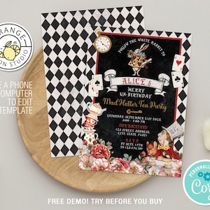 Editable Mad Hatter Tea Party Invitation, Printable Alice in Wonderland Template, Tea Party Invites, Vintage Mad Hatter PDF JPG, Template