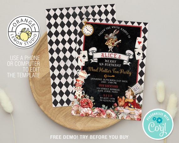 Editable Mad Hatter Tea Party Invitation, Printable Alice in Wonderland Template, Tea Party Invites, Vintage Mad Hatter PDF JPG, Template