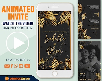 Animated Black Gold Wedding Invitation, Elegant Dark and Gold Leaves Wedding Invite, Video Invitation for Wedding, Personalized this invites