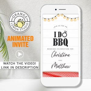 May include: A smartphone screen displaying a wedding invitation for Christine and Matthew. The invitation is for an "I Do BBQ" wedding celebration. The background of the invitation is a red and white checkered pattern.
