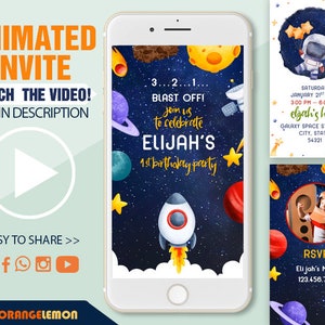 Animated Outer Space Birthday Invitation, Astronaut Party Invites, Planets Rocket Ship Astronaut Invite, Galaxy Blast Off Invitations, Evite