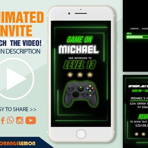 Gamer-Geburtstagseinladung, animierte Geburtstagseinladungen zum Gaming-Thema, personalisierte Party einladen, Video-Einladung
