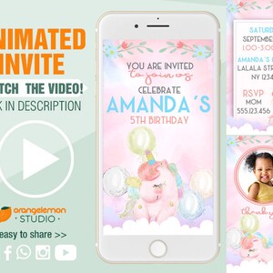 May include: A pink and blue animated birthday invitation featuring a unicorn with balloons and the text "You are invited to join us celebrate Amanda's 5th Birthday".