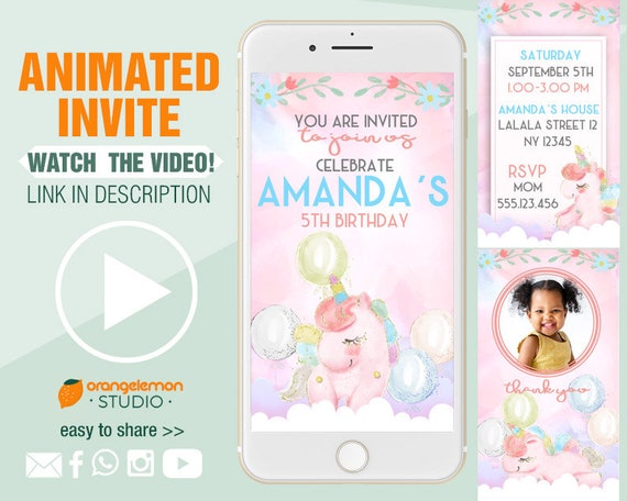 Animated Unicorn Birthday Invites With Personalized Photo and Text | Video Invitation, Zoom Birthday Invitation, Summer Party Invitation