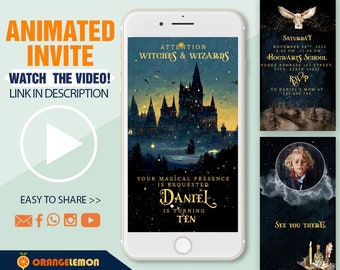Animated Wizards Birthday Party invitation, personalized Magic School Invite, Wizarding Theme Evite, Magic Birthday Invites, Owl Invitation