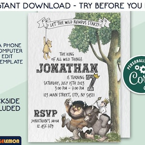 Födelsedagsinbjudan "Där de vilda sakerna är" för alla åldrar | Direkt digital nedladdning | Utskrivbar inbjudan | JPG och PDF | Redigera i Corjl