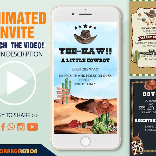 Animated Cowboy Baby Shower Invitation, Wild West Themed Baby Shower Invitation, Personalized Video Invitation, Cowboy Baby Shower Evite