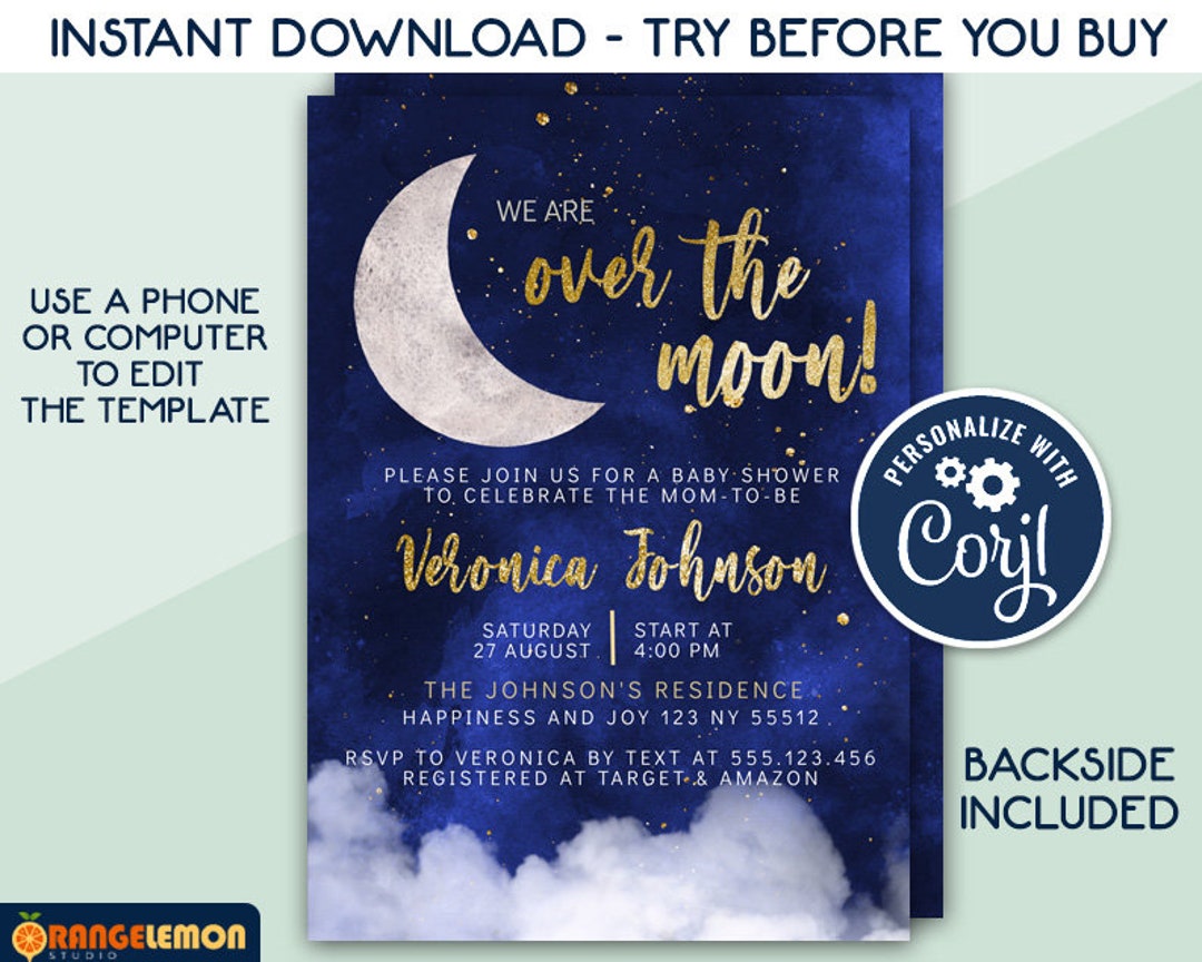 Editable Over the Moon Shower Invitation Template Blue - Etsy