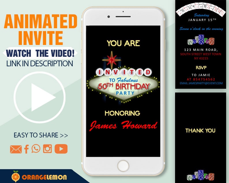 Animated Casino Birthday Invitation Any Age Las Vegas Party Invites Casino Las Vegas Digital Invitation Video Invitation For
