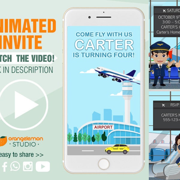 Animated Pilot Birthday Party Invites With Personalized Photo and Text | Video Invitation, Zoom Birthday Invitation, Aviation Party Invite