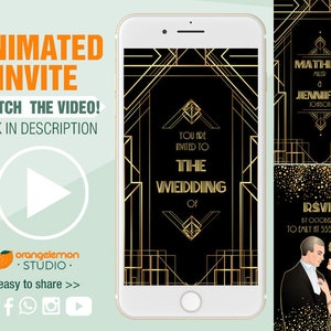 May include: A black and gold animated wedding invitation with an art deco design. The invitation features a couple in a black and white illustration, with the text "Matthias Aller & Jennifer Johnson" and "RSVP by October 1st to Emily at 555.113.532".