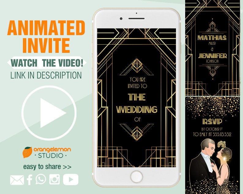 May include: A black and gold animated wedding invitation with an art deco design. The invitation features a couple in a black and white illustration, with the text "Matthias Aller & Jennifer Johnson" and "RSVP by October 1st to Emily at 555.113.532".