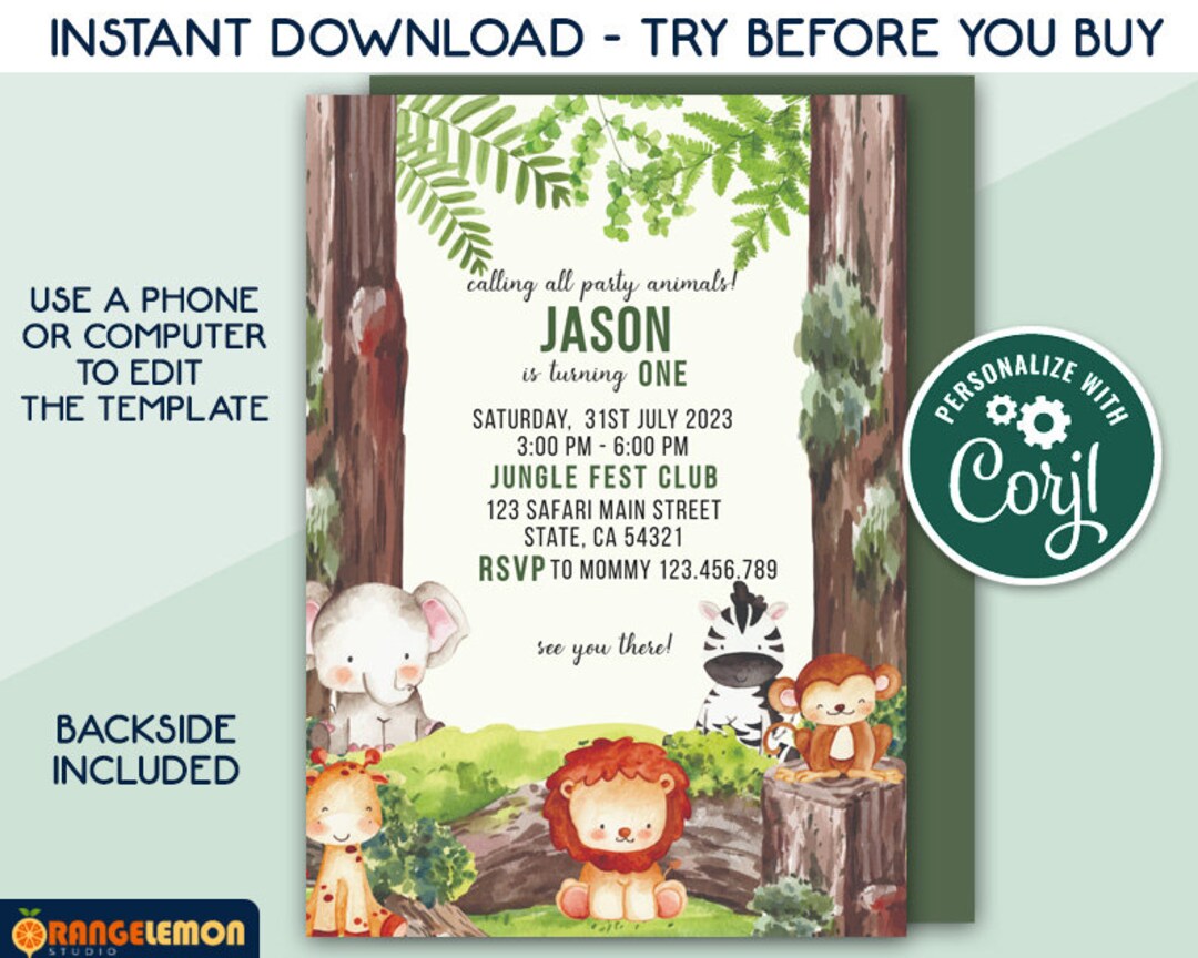 Editable Safari Birthday Invitation, Jungle Animals Birthday Party