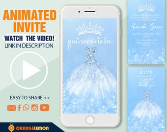 Animated Winter Wonderland Quinceanera Invitation, Snowflakes Birthday Princess Invites, Blue Silver, Mis Quince, 15th Birthday, personalize