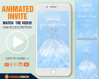 May include: A digital invitation for a quinceañera, featuring a blue background with snowflakes and a white sparkly dress. The text on the invitation reads "quinceañera", "Amanda Grace", "Saturday, November 25, 2022", "St. Thomas Church", "5th Avenue, New York, NY 10018", "RSVP by November 1st to 123.456.789", and "Thank you".