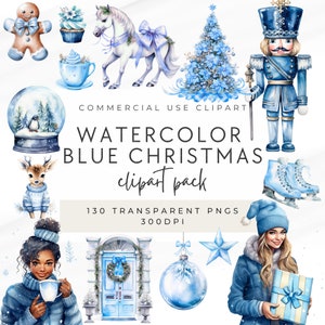 Blue Christmas Watercolor Clipart Bundle, Holiday Season Clip Art, Clipart for commercial use, Transparent PNGs, Junk Journal, Present