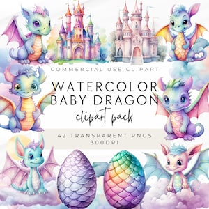 Cute Baby Dragon Watercolor Clipart Bundle, Dragon Clip Art, Clipart Commercial Use, Transparent PNGs,  Baby Shower, First Birthday, Digital