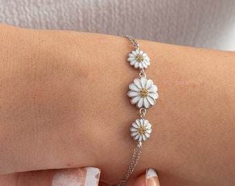 Pulsera de margaritas plateada, pulsera de flores, pulsera de margaritas doradas, pulsera delicada de oro rosa, pulsera con dije, regalo personalizado para ella.