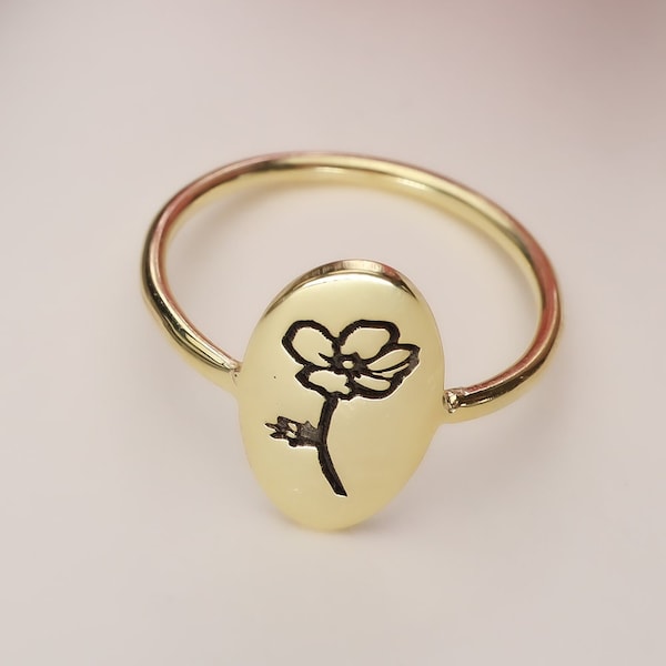 Custom Birth Flower Ring, Silver Birth Month Ring, Floral Signet Ring,Gold Floral Ring,Dainty Birth Month Flower Ring,Christmas Gift for Her