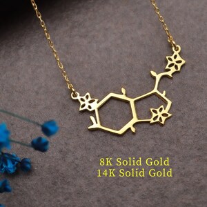 14K Solid Gold Serotonin Necklace, 8K Pure Gold Molecular Pendant, Gift for Her, Happiness Necklace, Science Jewelry, Chemistry Pendant
