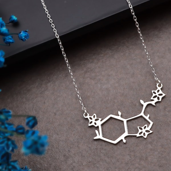 Serotonin Necklace in 925 Sterling Silver, Gold Molecular Pendant, Gift for Her, Happiness Necklace, Science Jewelry, Chemistry Pendant
