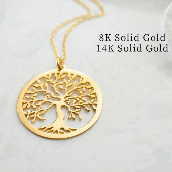 14K Solid Gold Tree of Life Necklace, 8K Pure Gold Family Tree Jewelry for Women and Men, Dainty Gold Pendant, Bridesmaid Tree Gift for Her