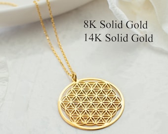 14K Massivgold Blume des Lebens Anhänger, 8K Gold Blume des Lebens Halskette, Heilige Geometrie Anhänger, Yoga Schmuck, spiritueller Schmuck, Blumengeschenk