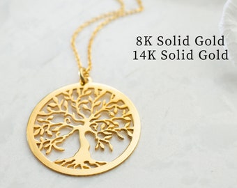 14K Solid Gold Tree of Life Necklace, 8K Pure Gold Family Tree Jewelry for Women and Men, Dainty Gold Pendant, Bridesmaid Tree Gift for Her