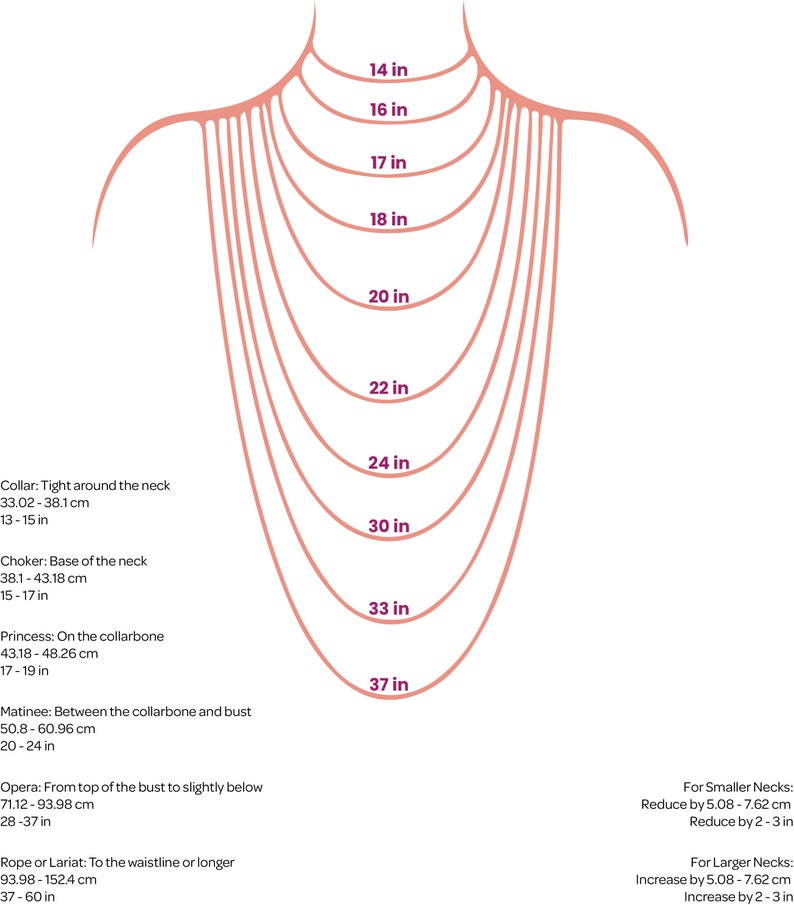 May include: Diagram illustrating necklace lengths, ranging from 14 inches to 37 inches. Includes measurements in inches and centimeters, with descriptions for collar, choker, princess, matinee, opera, and rope or lariat styles.
