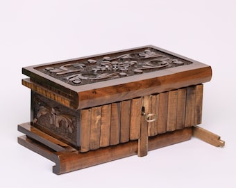Puzzle Box with Secret Key Wooden Puzzle Box Walnut Custom Secret Lock Box Hand Carved  Box Dainty Jewelry Box Personalized Gift for Her