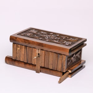 Puzzle Box with Secret Key Wooden Puzzle Box Walnut Custom Secret Lock Box Hand Carved  Box Dainty Jewelry Box Personalized Gift for Her