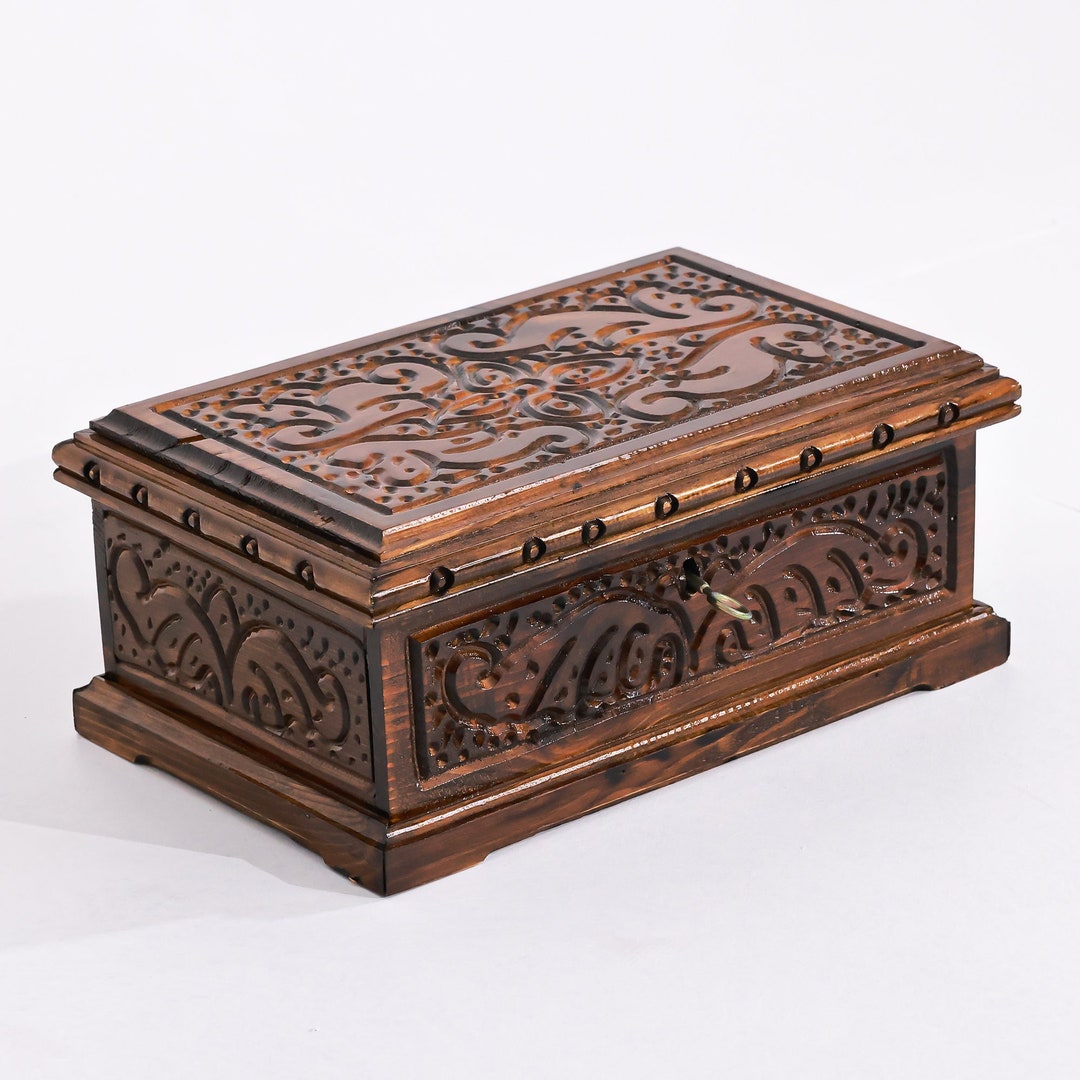Large Walnut Box With Key, Wooden Treasure Box, Vintage Magic Box, Hand