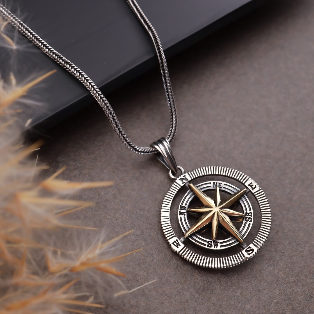Silver Compass Necklace for Men, Nautical Necklace for Women Necklace