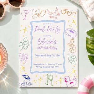 Puede incluir: Una tarjeta de invitación rectangular para una fiesta en la piscina celebrando el 40 cumpleaños de Olivia el sábado 10 de agosto a las 13:00. La tarjeta tiene un borde ondulado azul claro e iconos de líneas coloridas de gafas, bikini y flotador.