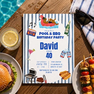 Puede incluir: Una tarjeta de invitación rectangular con fondo de rayas azules y blancas que incluye ilustraciones de un flotador de flamenco, un radiocasete, cerveza, cóctel, parrilla y perritos calientes. El texto dice: join us for a POOL & BBQ BIRTHDAY PARTY, David is turning 40, Saturday July 26 at 1 PM, event location 123 anywhere st., anycity, st 4567, RSVP to holly at 123-456-7890 by July 10.