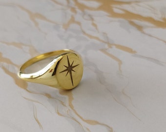 Star Signet Ring - North Star Engraving Ring - Custom Monogram Signet Ring - Dainty Gold Ring - Celestial Ring - Personalized Birthday Gift