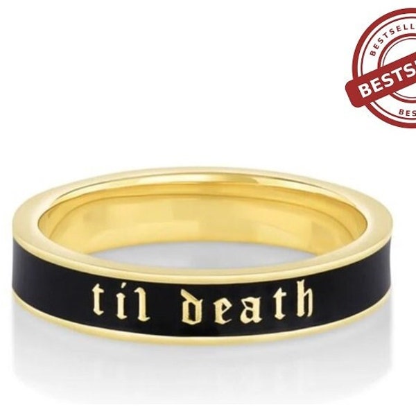 Personalized Enamel Band Ring in Solid 925 Sterling Silver - 4mm Wide Black Enamel Band Ring - Til Death Ring - Premium Quality