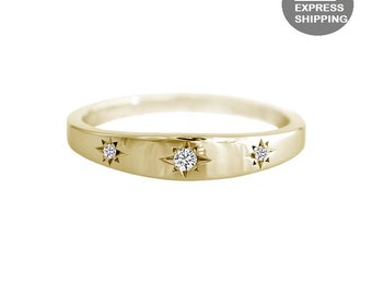 14K Gold Star Set Diamond Band Signet Ring - Star Diamond Ring - North Star Ring - Star Setting Diamond Band Ring - Gift For Her