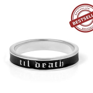 Til Death Black Enamel Band Ring - Wedding Band Ring - Promise Ring - 4mm Black Enamel Stacking Band - 925 Sterling Silver - Premium Quality