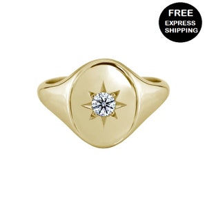 14K Solid Gold Oval Signet Ring - Diamond Signet Ring - North Star Ring ~ Gold Signet Ring - Star Setting Diamond Signet Ring - Gift For Her