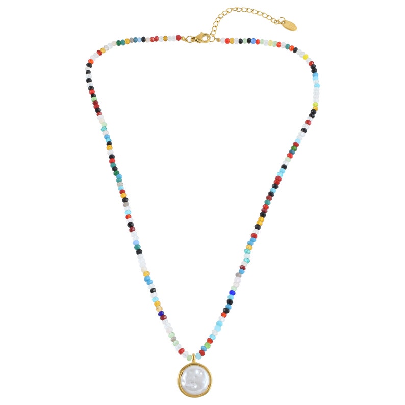 Gold Round Pendant Necklace Multicolor Beaded Necklace Pearl Pendant ...