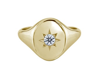 Star Signet Ring - Oval Signet Ring - Diamond Signet Ring - North Star Ring - Silver Star Ring - Diamond Star Ring - Gift For Her - 925