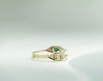 925 Silver Emerald Zircon Deco Ring - Dainty Ring - Emerald CZ & Diamond Mini Deco Ring -  Gemstone jewelry - Wedding Ring - Gift for Her
