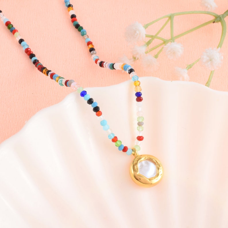 Gold Round Pendant Necklace Multicolor Beaded Necklace Pearl Pendant ...