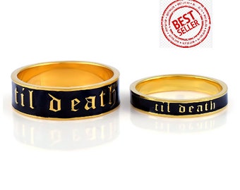 Anillo de banda de esmalte personalizado - Hasta la muerte - Conjunto de anillos para él y para ella - Regalo para pareja - Banda de esmalte negro - Aniversario n Alianza de boda