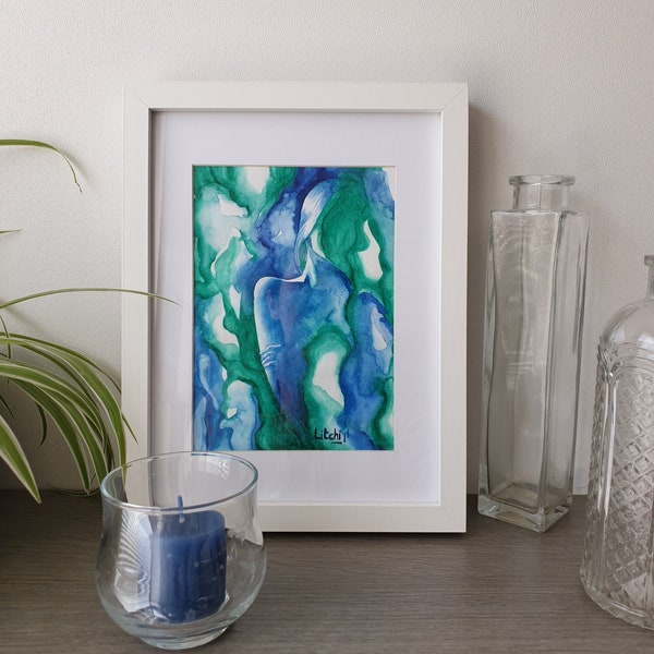 Cadre aquarelle " Rêverie de Bleue " buste de femme