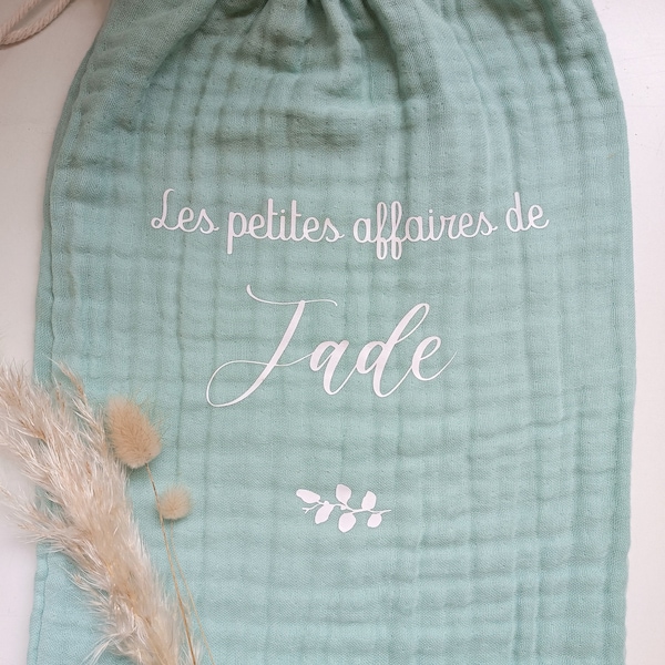 Sac pour crèche nounou avec prénom pochon pochette sac rangement gaze de coton bleu vert d'eau, bleu menthe.